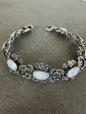 Vintage Sterling Silver Mother of Pearl and Marcasite Bracelet